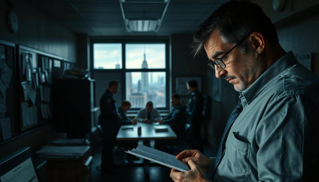A dimly lit police station, the walls adorned with bulletin boards and case files. In the foreground, a detective pores over evidence, brow furrowed in concentration. The air is thick with the scent of coffee and the hum of computers. In the middle ground, uniformed officers gather around a table, discussing the latest leads in the investigation. Through the window, the city skyline looms, a constant reminder of the larger world beyond these walls. The lighting is moody, casting dramatic shadows that add to the sense of tension and focus. The camera angle is slightly low, giving the viewer a sense of being immersed in the scene, a silent observer of the unfolding investigation.
