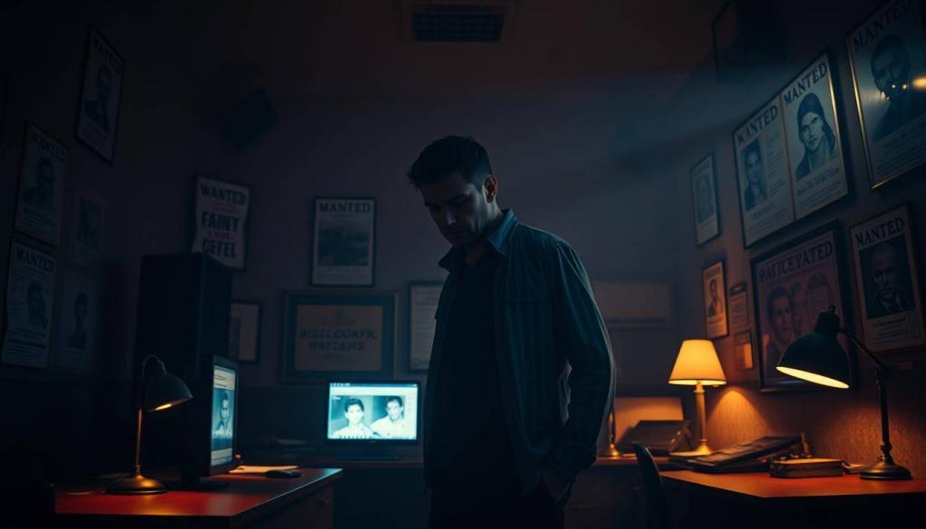 A dimly lit police station, the walls adorned with wanted posters and evidence boards. In the center, a detective stands, brow furrowed, as they examine a suspect's profile on a computer screen. The room is cast in a warm, amber glow, creating an atmosphere of intense focus and determination. The camera angle is slightly elevated, giving a sense of urgency and the weight of the investigation. Shadows from the desk lamps and the detective's silhouette add depth and drama to the scene, capturing the seriousness of the police's pursuit of the culprit.