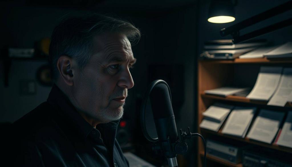 A dimly lit recording studio, with a seasoned voice actor standing before a microphone, lost in concentration. Subtle lighting highlights the contours of his face, capturing the essence of his craft. In the background, shelves of audio equipment and script pages hint at the meticulous work that goes into bringing characters to life through the power of the voice. The atmosphere is one of quiet focus and artistic dedication, reflecting the career-defining moments that have made this "Synchronsprecher" a legend in the German entertainment industry.
