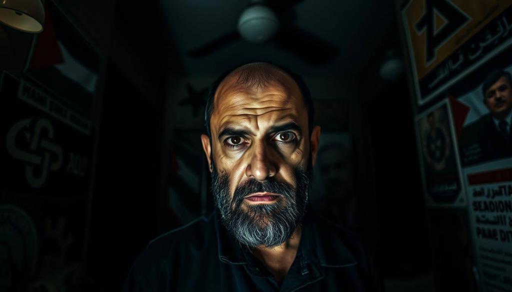 A dimly lit room, its walls adorned with militant symbols and propaganda. In the center, a stern-faced man, Yahya Sinwar, the notorious leader of Hamas, gazes intensely, his eyes conveying a sense of unwavering determination. The background is shrouded in shadows, hinting at the complex web of political and ideological forces that have shaped his life and actions. The lighting is dramatic, casting sharp contrasts and emphasizing the gravity of the subject matter. The overall atmosphere is one of tension and unease, reflecting the controversies and debates surrounding Sinwar and his role in the ongoing conflict.