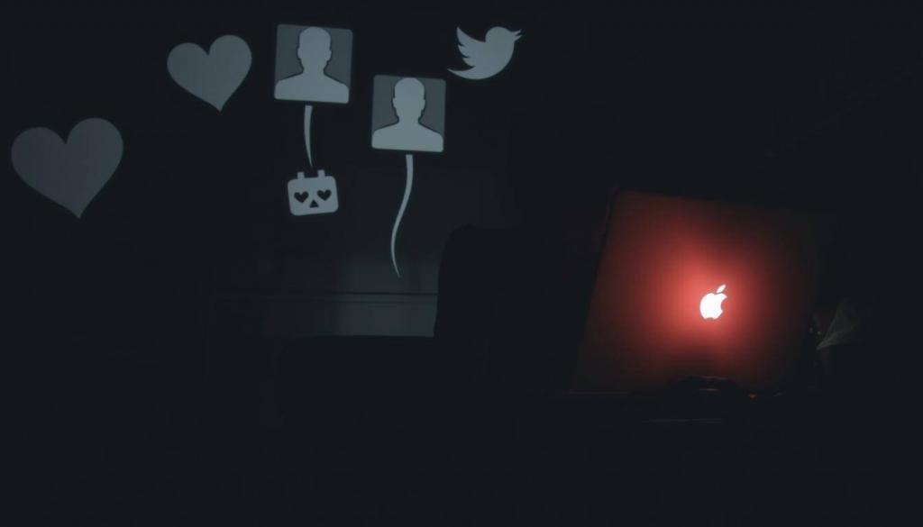 A dimly lit room, with a laptop glowing on a cluttered desk. A person sits hunched over, their face partially obscured by the screen's reflection. In the background, ghostly silhouettes of various dating app icons hover, casting an eerie, unsettling atmosphere. The lighting is moody, with deep shadows and muted tones, conveying a sense of unease and vulnerability. The scene is shot from a low angle, emphasizing the subject's isolation and the looming digital presence of the dating platforms. The overall mood is one of suspense and apprehension, hinting at the potential dangers lurking within the world of online dating.