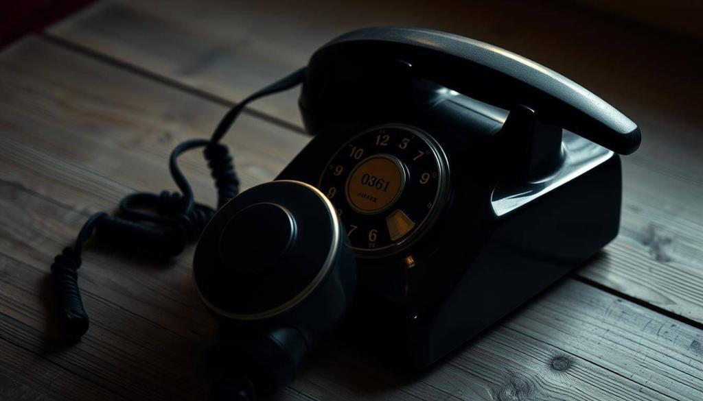 A dimly lit rotary dial telephone on a weathered wooden surface, its ancient 0361 area code clearly visible. The handset is lifted, the numbered buttons illuminated, inviting the user to carefully and thoughtfully select the correct digits. The scene exudes a sense of reverence and intentionality, conveying the importance of properly dialing the 0361 prefix. Soft, warm lighting from an unseen source casts a gentle glow, creating an atmosphere of focus and consideration. The overall composition suggests the significance of this everyday act, elevating the mundane into a meaningful moment of deliberation.