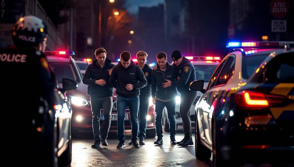 A dimly lit street in Zürich, police cars with flashing lights surround a group of young suspects being apprehended by uniformed officers. The scene conveys a sense of tension and urgency, with the suspects appearing nervous and compliant as the officers firmly restrain them. The background is blurred, drawing the viewer's attention to the central action, lit by the cool hues of the emergency vehicle lights. The overall mood is one of a successful operation, capturing the moment of arrest in a visually compelling way.