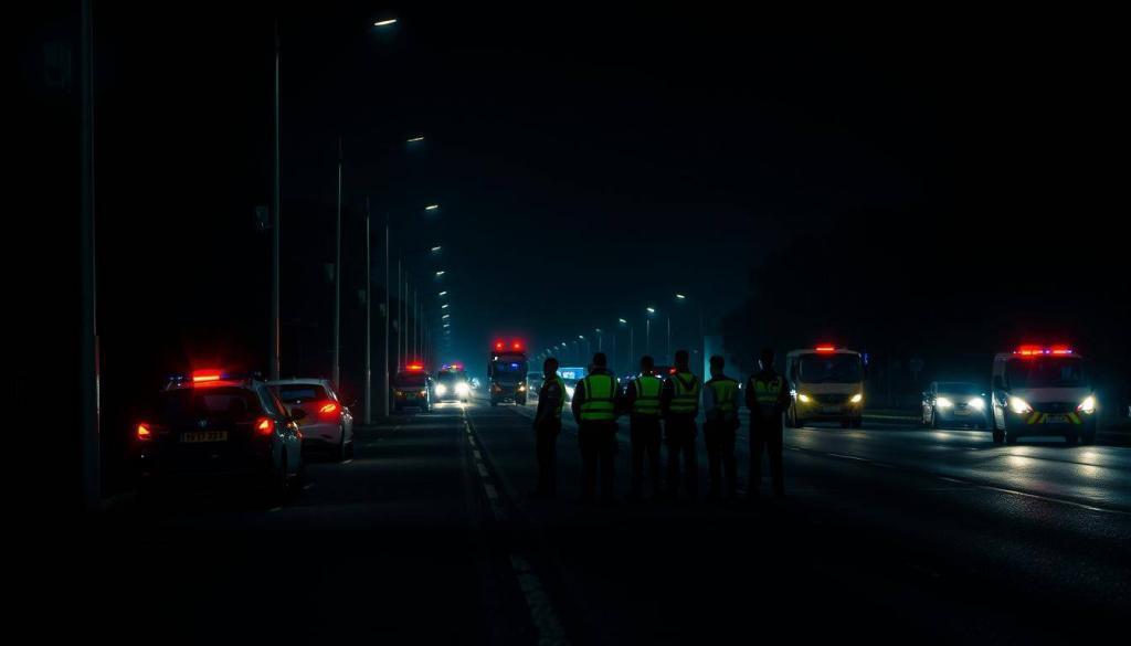 A dimly lit street scene at night, with a row of speed cameras and police vehicles positioned along the roadside. The cameras are mounted on tall poles, their flashing lights casting an eerie glow across the asphalt. In the middle ground, a group of officers in reflective uniforms stand vigilantly, monitoring passing vehicles. In the background, the silhouettes of buildings and trees create a sense of depth and urban setting. The overall atmosphere is tense and foreboding, conveying the seriousness of the "Speedweek 2025" enforcement operations.