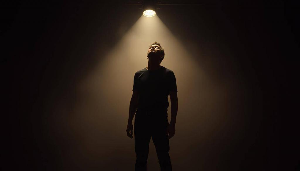 A dimly lit studio, the air thick with the scent of coffee and the sound of a ticking metronome. In the center, a lone actor stands, eyes closed, body tense with concentration. Illuminated by a single spotlight, they embody the essence of Method Acting - a technique pioneered by the legendary Daniel Day-Lewis. The background fades into a hazy, abstract realm, allowing the viewer to focus solely on the intensity of the performance. Shadows dance across the actor's face, capturing the depth of their emotional connection to the role. This is the world of the Method Actor, where reality and imagination converge to create unforgettable performances.