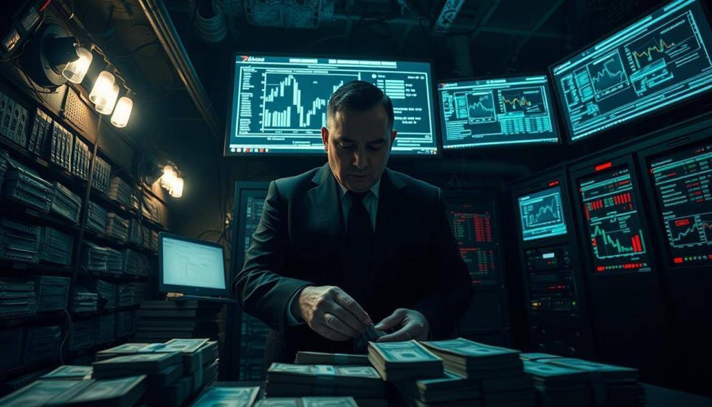 A dimly lit underground vault, illuminated by flickering electric lamps. In the foreground, a shady figure in a dark suit meticulously counts stacks of cash, his movements calculated and precise. Looming in the background, an elaborate network of computer screens and servers, displaying intricate financial data and diagrams, hinting at the complex web of illegal money transfers and money laundering operations. The atmosphere is tense, with a palpable sense of secrecy and danger, reflecting the clandestine activities of the Chinese mafia syndicate. The scene is captured from a low angle, creating a sense of power and authority, while the use of chiaroscuro lighting adds to the dramatic, ominous mood.