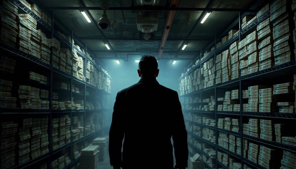A dimly lit, underground vault, the walls adorned with towering steel shelves. On the shelves, stacks of neatly bundled Euro bills, their crisp edges reflecting the soft glow of overhead lighting. The foreground is dominated by a lone, shadowy figure, their back turned, inspecting the vast cache of missing millions. The middle ground is hazy, with a sense of unease and secrecy pervading the scene. In the background, a series of security cameras and motion sensors hint at the high-stakes, clandestine nature of this hidden trove. The overall atmosphere is one of mystery, tension, and the allure of unclaimed wealth.