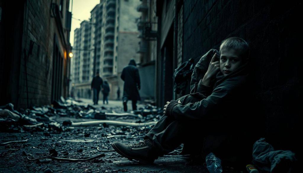 A dimly lit urban alleyway, cluttered with discarded trash and debris. In the foreground, a young person, no more than a teenager, sits huddled on the cold, damp ground, their worn and tattered clothes offering little protection against the elements. Their expression is one of weary resignation, a reflection of the hardships they have endured. The middle ground reveals a few other figures, shadows moving furtively, testament to the harsh realities of life on the streets. In the background, the towering silhouettes of dilapidated buildings loom, their decaying facades a stark reminder of the lack of resources and support available to those struggling to survive. The scene is bathed in a somber, muted palette, evoking a sense of despair and isolation. A poignant depiction of the harsh realities faced by those forced to call the streets their home.
