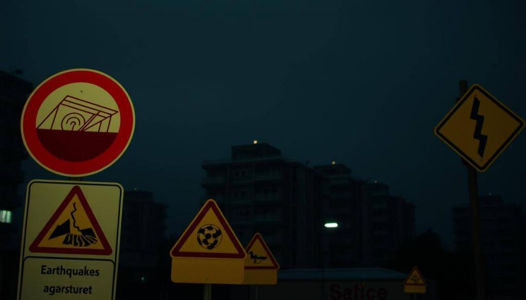 A dimly lit urban landscape, buildings in the background cast in a hazy, ominous glow. In the foreground, a series of bold safety warning signs, their red and yellow colors standing out against the muted tones. The signs depict symbols of earthquakes, cracks in the ground, and other hazards, conveying a sense of impending danger and the need for heightened vigilance. The overall atmosphere is one of unease and uncertainty, as if the viewer is experiencing the lingering tremors and aftershocks following a major seismic event. The scene is captured with a cinematic, documentary-style aesthetic, emphasizing the urgency and gravity of the situation.