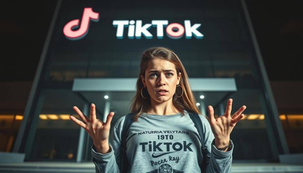 A distraught Natalie Reynolds stands before the TikTok headquarters, her face etched with despair and pleading eyes. She is dressed in casual attire, her hands gesturing frantically as she begs for the restoration of her account. The scene is captured in a medium shot, with the imposing corporate building looming in the background, casting a shadow over the influencer's distressed figure. The lighting is dramatic, creating stark contrasts and emphasizing the emotional intensity of the moment. The overall atmosphere is one of tension and high-stakes, as Natalie Reynolds desperately seeks to regain her digital platform and connection with her audience.