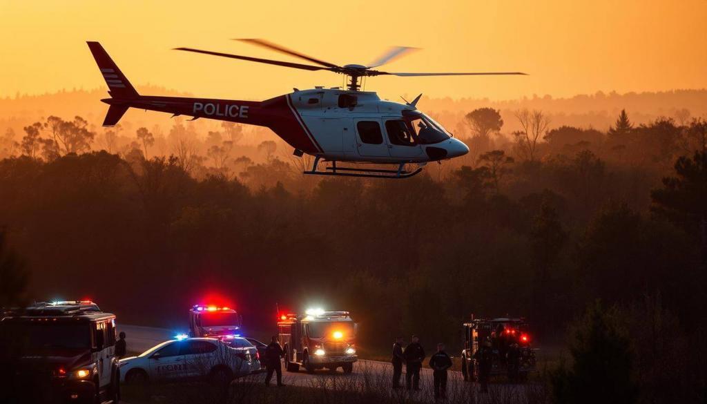 A dramatic aerial scene of a red and white emergency medical helicopter hovering over a wooded suburban landscape. The helicopter's blades slice through the air, its searchlights sweeping across the ground below. In the foreground, flashing lights from police cars and fire engines illuminate the chaos of the accident site, where first responders tend to the injured. The background is hazy with the setting sun, casting a warm, urgent glow over the entire scene. The overall atmosphere is one of urgency, with a sense of the vital role the helicopter plays in this emergency situation.