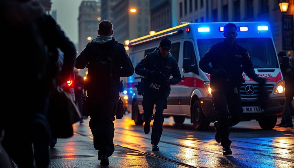 A dramatic emergency response scene with paramedics rushing to aid a victim. The foreground shows the detailed silhouettes of emergency workers in crisp uniforms, carrying medical equipment, their faces focused with urgency. The middle ground features the sleek lines of a modern ambulance, lights flashing, parked on a rain-slicked urban street. In the background, blurred shapes of onlookers and other first responders move with a sense of controlled chaos. The lighting is a moody combination of cool blue tones from the emergency lights and warm yellows from streetlamps, creating an intense, high-stakes atmosphere. Captured with a wide-angle lens to emphasize the scale and urgency of the situation.