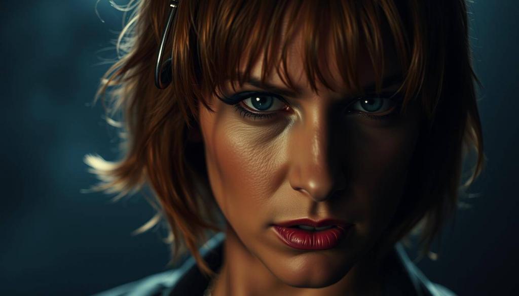 A dramatic portrait of Nena, the iconic German pop star, against a moody, cinematic backdrop. A tightly cropped close-up reveals her intense gaze, her features illuminated by dramatic chiaroscuro lighting that casts dramatic shadows across her face. The foreground is sharp and in focus, while the background is blurred, creating a sense of depth and intimacy. The image conveys a sense of the controversies and scandals that have surrounded Nena's career, hinting at the complex and turbulent aspects of her public persona.