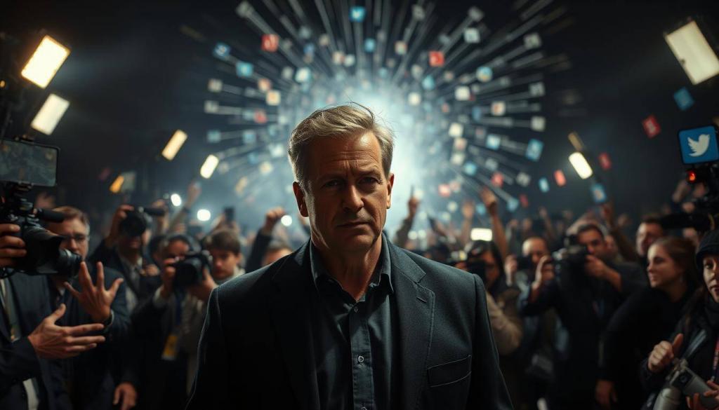 A dramatic scene of a public figure embroiled in scandal, set against a backdrop of flashing camera lights and a swirling maelstrom of social media chatter. In the foreground, the individual stands resolute, facing the scrutiny of the press and the judgment of the public, their expression a complex mix of defiance and vulnerability. Shadows and highlights sculpt the subject's features, creating a sense of turbulence and tension. The middle ground is a blur of outstretched arms and cameras, capturing the frenzy of the moment. In the distance, a vortex of social media icons and hashtags swirls, symbolizing the rapid spread and amplification of the scandal across digital platforms. The overall atmosphere is one of high-stakes drama, with a sense of the subject's personal and professional life hanging in the balance.