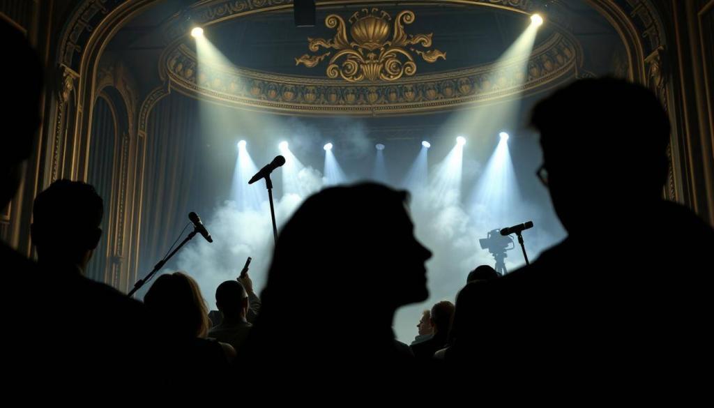 A dramatic scene unfolding against the backdrop of a gilded stage, casting an ominous shadow over the German entertainment industry. In the foreground, silhouettes of scandal-plagued celebrities, their faces obscured by a veil of secrecy and controversy. The middle ground is a swirling maelstrom of rumor and speculation, captured in a cinematic chiaroscuro lighting that adds an air of tension and unease. In the distance, the towering symbols of the industry - microphones, cameras, and spotlights - loom, their once-bright luster now tarnished by the weight of the scandals that have rocked the scene. The overall mood is one of disquiet and disillusionment, reflecting the turbulent state of the German entertainment landscape.