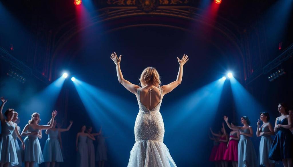 A dramatic spotlight illuminates the stage, where a captivating woman in a shimmering gown stands center stage, her hands raised in a crescendo of emotion. Surrounding her are a chorus of dancers, their movements graceful and synchronized, as if part of a well-choreographed musical number. In the background, a grand, gilded proscenium arch frames the scene, hinting at the grand, theatrical nature of Helene Fischer's rise to stardom, from her early days in musical theater to her current reign as the reigning queen of German pop music. The atmosphere is one of electric energy, a visual representation of Helene's remarkable journey from the stage to the recording studio, a story of hard work, talent, and an unwavering dedication to her craft.