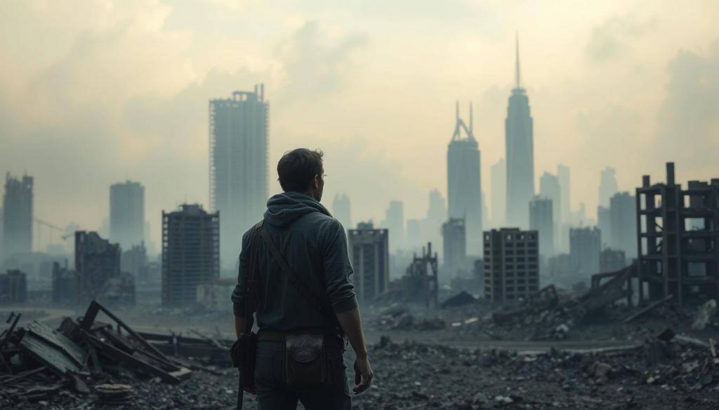 A dystopian, post-apocalyptic landscape, shrouded in an eerie, ominous atmosphere. In the foreground, a lone, weathered survivor stands amidst the ruins of a once-thriving city, their gaze fixed on the horizon, conveying a sense of uncertainty and determination. The middle ground is dominated by the crumbling remains of skyscrapers and decaying infrastructure, hinting at the devastation that has befallen this world. In the background, a hazy, ominous sky looms, casting an ominous glow over the scene, suggesting the looming threat of an uncertain future.