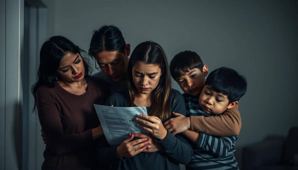 A family of four - a mother, father, teenage daughter, and young son - standing together in a dimly lit room, their faces etched with pain and worry. The daughter, eyes downcast, holds a medical document, a symbol of her battle with a devastating illness. The parents embrace her protectively, their expressions a mix of anguish and determination. Soft, muted lighting casts long shadows, conveying the emotional weight of their journey. The background is blurred, focusing the viewer's attention on the family's intimate, vulnerable moment. The scene evokes a sense of profound sadness, but also the unwavering love and resilience that sustains them through this difficult time.