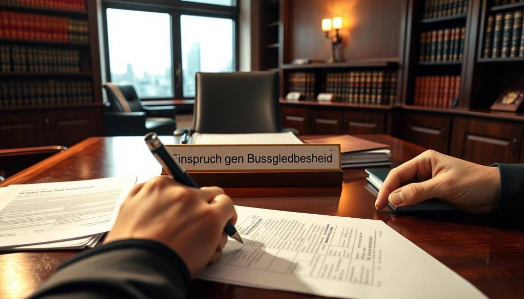 A formal and authoritative office setting, with a wooden desk, a nameplate reading "Einspruch gegen Bußgeldbescheid", and a stack of official-looking documents. The lighting is warm and professional, with a sense of seriousness and attention to detail. In the foreground, a hand is carefully filling out a form, with a focused expression on the face. The background features shelves of legal books and a window overlooking a city skyline, suggesting the gravity and importance of the decision being made. The overall atmosphere conveys the complexity and potential consequences of challenging a penalty notice.