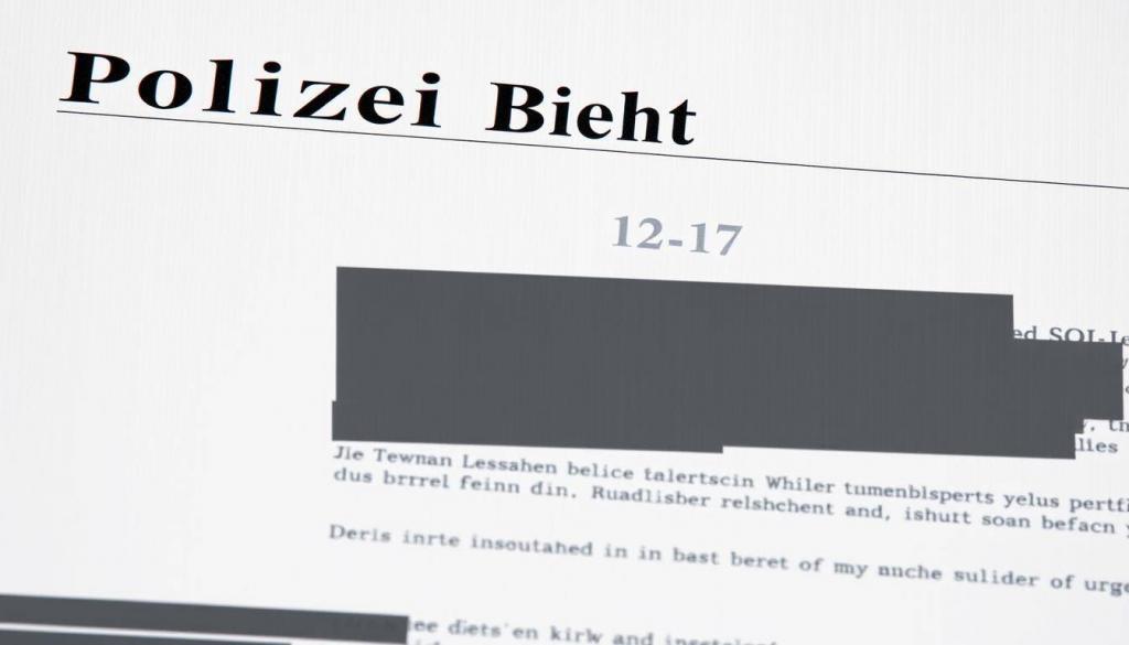 A formal, official-looking document with the heading "Polizei Bericht" (Police Report) in a bold, serif font. The pages have a slightly aged, slightly worn appearance, with faint vertical lines or watermarks running through the background. The text on the pages is partially redacted or blacked out, obscuring some of the details. The layout is clean and structured, with proper formatting for a police report. The overall mood is one of seriousness and solemnity, befitting the sensitive subject matter.