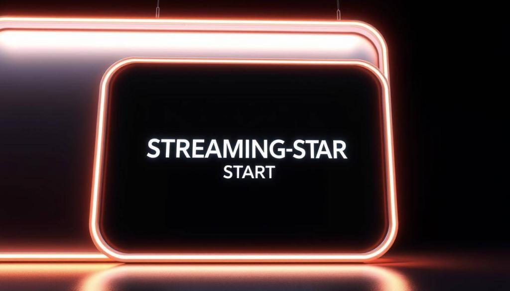 A futuristic, sleek display screen with the bold text "STREAMING-START" prominently featured in the center. The screen is surrounded by a minimalist, metallic frame, giving it a high-tech, cutting-edge aesthetic. The lighting is crisp and clean, with a warm, almost ethereal glow emanating from the display. The background is a deep, rich black, creating a sense of depth and emphasizing the screen's bold presence. The overall composition evokes a sense of anticipation and excitement, perfectly capturing the energy and momentum of a new streaming release.