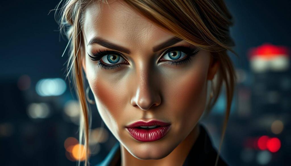 A glamorous close-up portrait of Kim Virginia, a German reality TV personality known for her controversial public persona. Dramatic studio lighting illuminates her striking features - piercing eyes, chiseled cheekbones, and bold makeup. The background is a blurred, hazy cityscape, evoking the high-profile, fast-paced world she inhabits. The image conveys a sense of drama, ambition, and the media spotlight that often surrounds Kim Virginia's life and career. The overall mood is one of bold, provocative energy that matches the "Kontroversen und Schlagzeilen" theme.