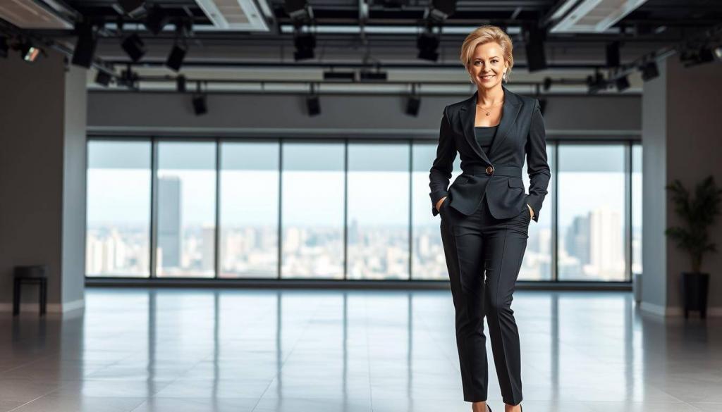 A glamorous, well-lit portrait of Claudia Obert, a confident German businesswoman and television personality. She stands in the foreground, wearing a chic black pantsuit and stylish high heels, her blonde hair styled in a sleek updo. The lighting is soft and flattering, accentuating her elegant features. Behind her, we see the backdrop of a modern office or studio, with minimalist decor and large windows providing a glimpse of a vibrant cityscape. The overall mood is one of professionalism, success, and the power of a woman who has risen to the top of her field through hard work and determination.
