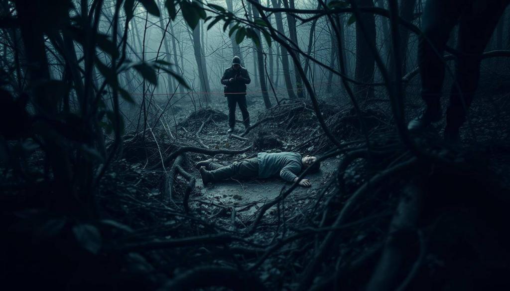 A gloomy, overcast day in the rural Westerwald region. The camera captures a secluded forest clearing, with thick foliage and tangled branches casting deep shadows. In the center, the lifeless body of a middle-aged man lies in the damp undergrowth, surrounded by police investigators meticulously documenting the scene. Ominous tension permeates the air as the search for clues and the unraveling of this mysterious death unfolds. Cinematic lighting illuminates the eerie tableau, casting dramatic shadows and highlighting the solemn gravity of the Leichenfund bei Weitefeld.