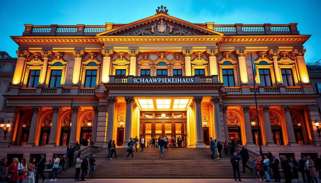 A grand and majestic theater facade, the Schauspielhaus Zürich stands tall and proud, its neoclassical architecture exuding a timeless elegance. The ornate columns and intricate stone carvings create a sense of grandeur, hinting at the prestigious performances that grace its stage. Warm, golden lighting bathes the building, casting a inviting glow that beckons theatergoers to enter. The wide, sweeping staircase leads up to grand double doors, the entryway to a world of captivating stories and celebrated performances. A bustling crowd gathers outside, anticipation palpable as they await the start of the show, ready to be transported by the magic of live theater.