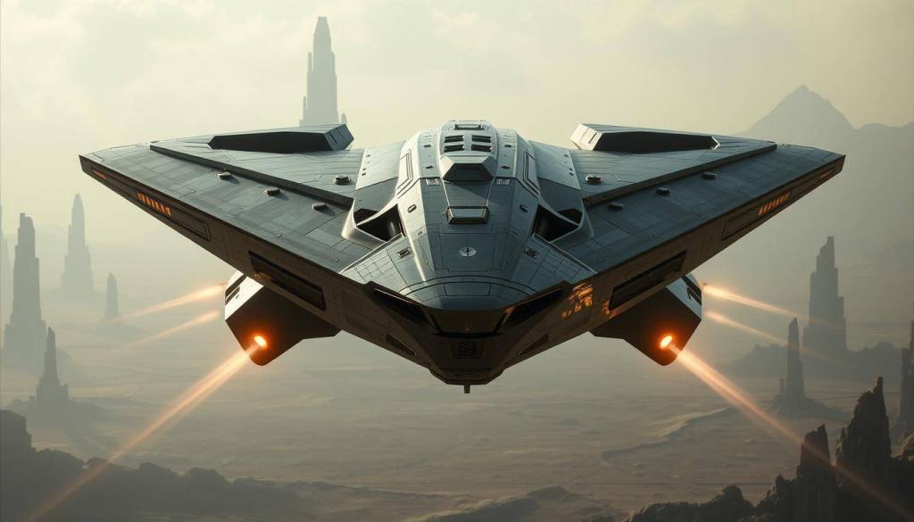 A grand and triumphant alien spacecraft, the Romulus, dominates the center of the frame. Its sleek, angular design and gleaming metallic hull exude power and technological sophistication. In the background, a vast, alien landscape stretches out, with towering, crystalline structures and a hazy, otherworldly sky. Beams of light and energy crackle around the ship, hinting at its advanced propulsion and defensive systems. The overall scene conveys a sense of the Romulus's immense scale, its technological prowess, and its pivotal role in the narrative of this alien civilization. The lighting is dramatic, with warm hues casting a glow on the ship, and cooler tones in the background, creating depth and atmosphere.