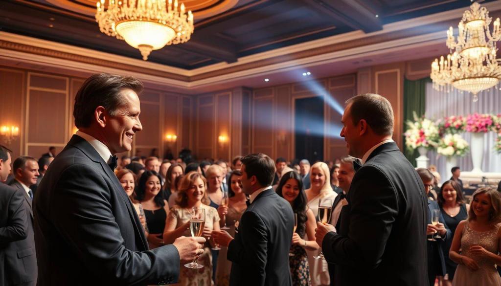 A grand, elegant ballroom illuminated by a sparkling crystal chandelier, its warm light casting a soft glow over a crowd of well-dressed guests celebrating a triumphant premiere event. In the foreground, a dapper host greets attendees with a welcoming smile, shaking hands and exchanging pleasantries. The middle ground features a sea of smiling faces, champagne flutes in hand, as they mingle and converse animatedly. In the background, a grand stage is adorned with lush floral arrangements, hinting at the success of the evening's festivities. The overall mood is one of celebratory excitement, captured through a cinematic, wide-angle lens that immerses the viewer in the grand, celebratory atmosphere.