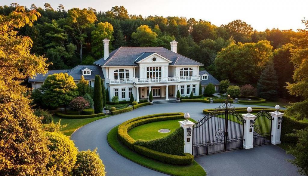 A grand, luxurious mansion nestled amidst lush greenery, its elegant facade bathed in warm, golden sunlight. The building commands attention, its architectural style a blend of modern and traditional elements, exuding an air of affluence and refinement. Lush, well-manicured gardens surround the property, with neatly trimmed hedges and a winding driveway leading to an ornate, wrought-iron gate. The scene evokes a sense of exclusivity and wealth, reflecting the high-end real estate investments and properties owned by the subject of the article, "Bushido Vermögen Familie Skandale Karriere."