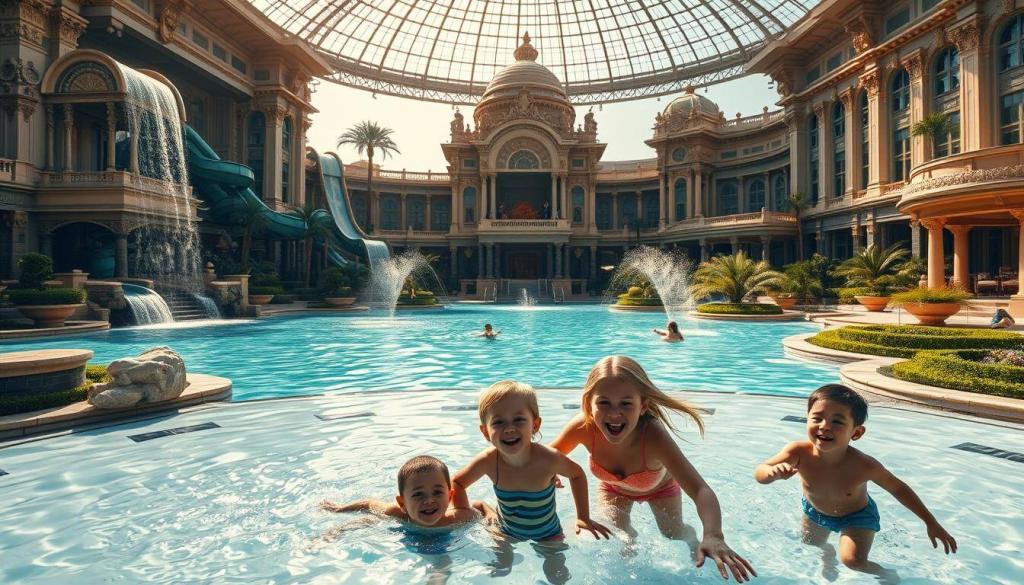 A grand, neo-baroque water park with towering slides, crystal-clear pools, and lush, verdant landscaping. In the foreground, a family frolics in a shallow splash zone, laughter and delight etched on their faces. Cascading waterfalls and ornate architectural details create a sense of grandeur and opulence in the middle ground. The background features a massive, domed structure with intricate carvings and gilded accents, surrounded by manicured gardens and winding paths. Warm, golden sunlight filters through the glass roof, casting a gentle glow and creating a welcoming, enchanting atmosphere.