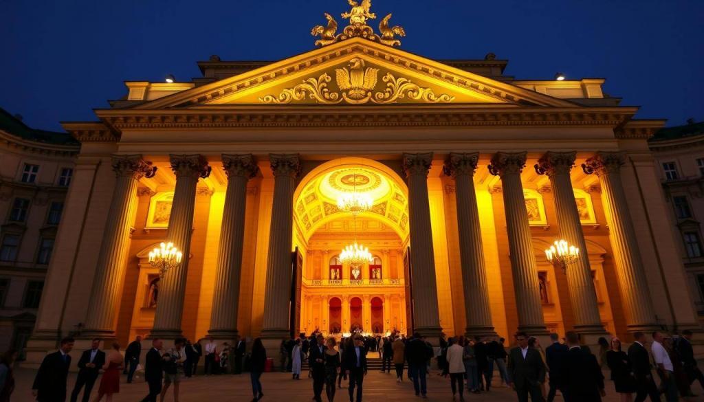 A grand, neoclassical opera house with a majestic facade, its towering columns and ornate pediment illuminated by warm, golden light. The massive bronze entrance doors stand open, inviting visitors into the richly decorated interior. Through the arched windows, one can glimpse the elegant auditorium, its vaulted ceiling adorned with intricate frescoes and ornate chandeliers casting a soft, ambient glow. The surrounding plaza is bustling with theatergoers, smartly dressed in evening attire, creating a lively, sophisticated atmosphere. The entire scene evokes the grandeur and glamour of a bygone era, perfectly capturing the essence of the historic Theater an der Wien.