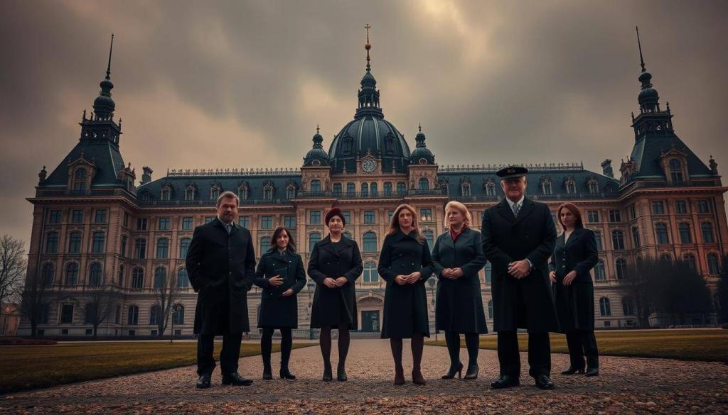 A grand, ornate royal palace stands in the foreground, its intricate architecture and towering spires commanding attention. In the middle ground, members of the Norwegian royal family gather solemnly, their expressions somber and pensive, as they navigate the aftermath of a scandalous event. The background is shrouded in a moody, atmospheric haze, suggesting the weight and gravity of the situation. Warm, dramatic lighting casts dramatic shadows, heightening the sense of tension and unease. The overall scene conveys a profound sense of the Auswirkungen, or impacts, this event has had on the prestigious Norwegian monarchy.