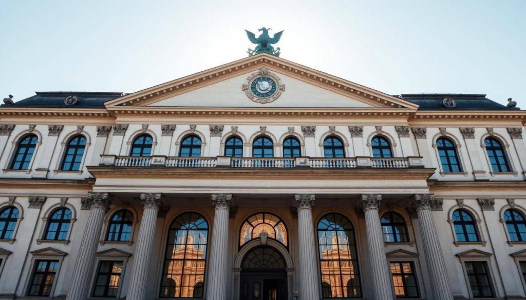 A grand, stately courthouse stands tall, its neoclassical facade exuding an air of authority and gravitas. The Landgericht München, a symbol of German judicial power, looms large against a backdrop of a clear, azure sky. Sunlight filters through the grand arched windows, casting a warm, contemplative glow over the imposing structure. The scene evokes a sense of measured deliberation, as if the very walls hold the weight of countless verdicts and decisions that have been rendered within. This image captures the essence of the courtroom's solemn proceedings, a fitting visual representation of the "Urteil" (judgment) that will be the focus of the article's featured section.