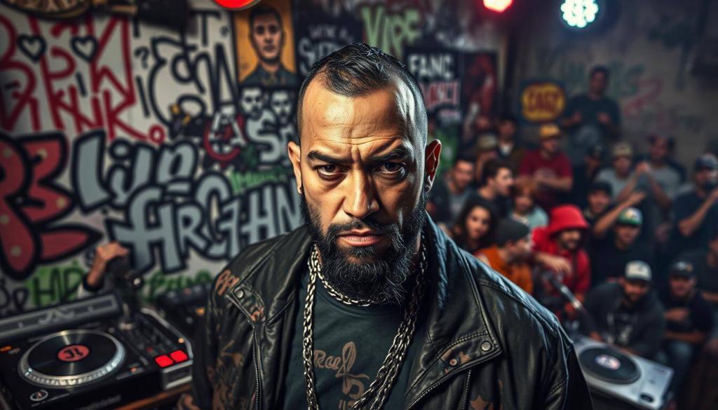 A gritty, realistic depiction of Bushido, the influential German rapper, against the backdrop of the vibrant and diverse German rap scene. In the foreground, Bushido stands tall, his steely gaze and determined expression conveying his impact on the genre. Around him, a collage of imagery evokes the energy and creativity of the rap community - graffiti-covered walls, turntables, microphones, and a diverse array of artists and fans. The scene is bathed in a moody, low-key lighting, casting dramatic shadows and highlighting the raw, authentic nature of the German rap landscape. The overall atmosphere suggests the profound and lasting influence Bushido has had on shaping the sound, style, and cultural significance of rap music in Germany.
