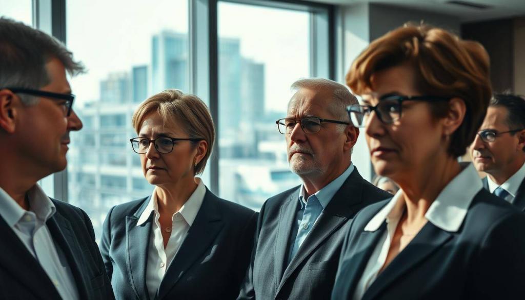 A group of middle-aged German civil servants, dressed in professional attire, standing in a formal government office setting. The room is well-lit, with clean lines and a minimalist aesthetic. The beamte appear thoughtful, their expressions conveying the weight of their responsibilities. In the background, a large window offers a glimpse of the bustling city outside, a stark contrast to the solemn atmosphere within. The scene evokes a sense of the demographic and structural challenges facing the German civil service pension system.