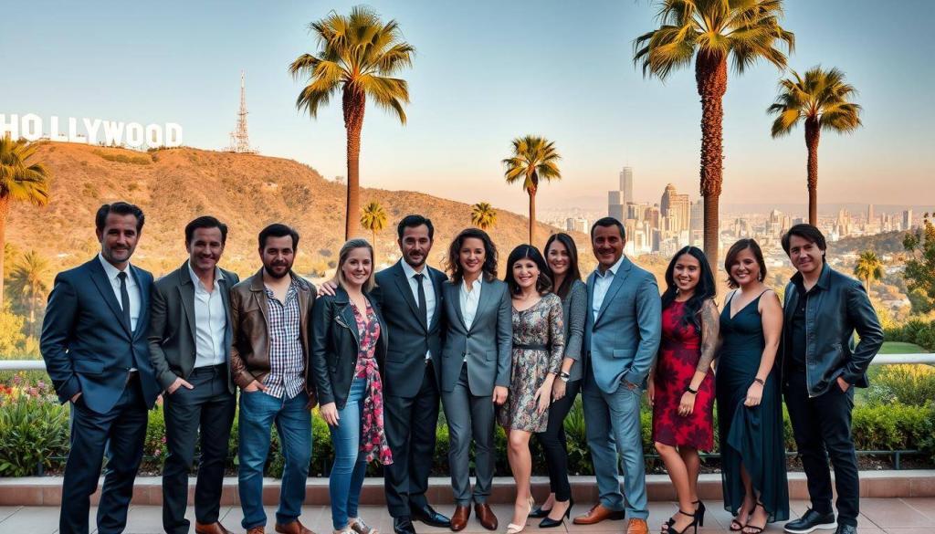 A group of renowned Canadian actors posing together in a Hollywood setting. In the foreground, a diverse ensemble of A-list stars, including Ryan Reynolds, Keanu Reeves, and Sandra Oh, standing confidently against a backdrop of the iconic Hollywood sign and the glittering Los Angeles skyline. The middle ground features a lush, sun-dappled garden with towering palm trees, creating a sense of opulence and glamour. The lighting is soft and flattering, highlighting the actors' features and casting a warm glow over the scene. The overall atmosphere exudes a sense of success, camaraderie, and the triumph of Canadian talent on the global stage of Hollywood.