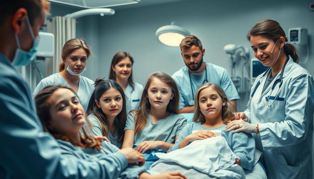 A group of young individuals receiving attentive medical care, with nurses and doctors attending to their needs. The scene is set in a well-equipped hospital ward, with modern medical equipment and a calming, sterile atmosphere. The lighting is subdued, creating a somber yet hopeful mood. The focus is on the faces of the patients, conveying a range of emotions from concern to relief, as they are being treated with the utmost care and professionalism. The overall composition emphasizes the importance of quality healthcare for the youth, capturing the essence of the "Opfer, Verletzte und medizinische Versorgung" section.