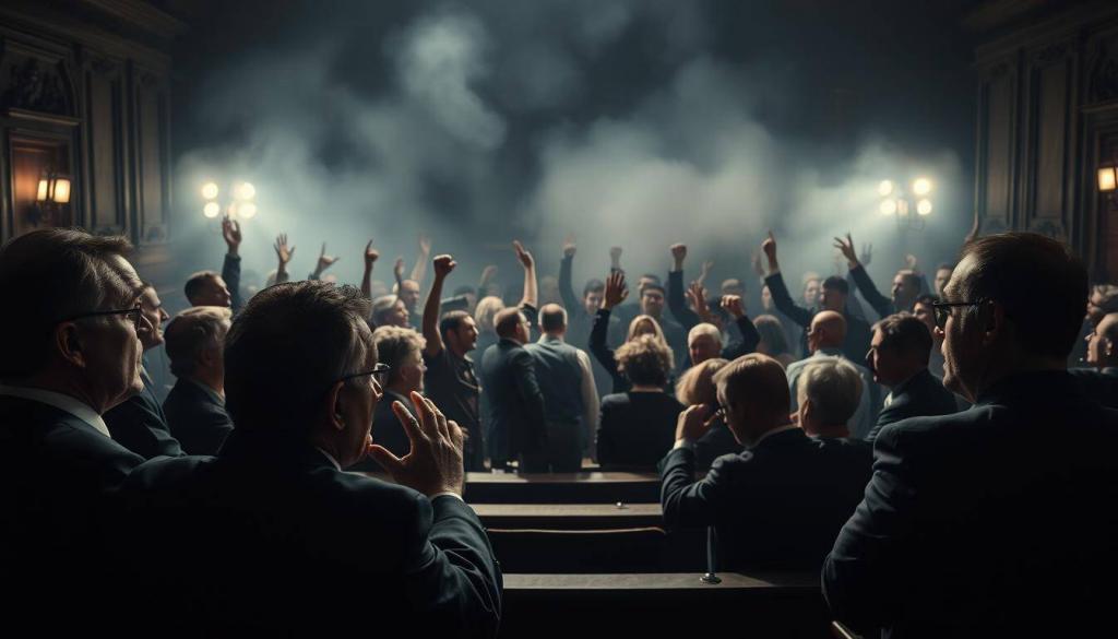 A heated debate rages in a dimly lit council chamber, as government officials and experts passionately discuss the newly proposed retirement package. In the foreground, furrowed brows and intense gestures convey the gravity of the situation. The middle ground is filled with a chorus of voices, some raised in protest, others defending the legislation. The background is shrouded in a hazy atmosphere, suggesting the complexity and uncertainty surrounding the issue. Dramatic chiaroscuro lighting casts sharp shadows, highlighting the tension and clash of perspectives. The scene captures the essence of the "Kritik und Kontroversen: Stimmen zum Rentenpaket" section, where diverse viewpoints collide in a pivotal moment of policy debate.