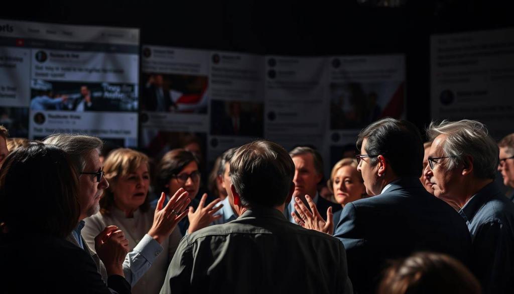 A heated debate unfolds, tension palpable in the air. In the foreground, a group of people engaged in animated discussion, gestures and expressions conveying a range of reactions - from concern and skepticism to resolute defense. The middle ground features a backdrop of news headlines and social media posts, capturing the wider public discourse. Subtle lighting casts dramatic shadows, evoking a sense of gravity and significance. The overall atmosphere is one of intense scrutiny, as the scene depicts the public's varied and impassioned responses to the plagiarism allegations against the political candidate.