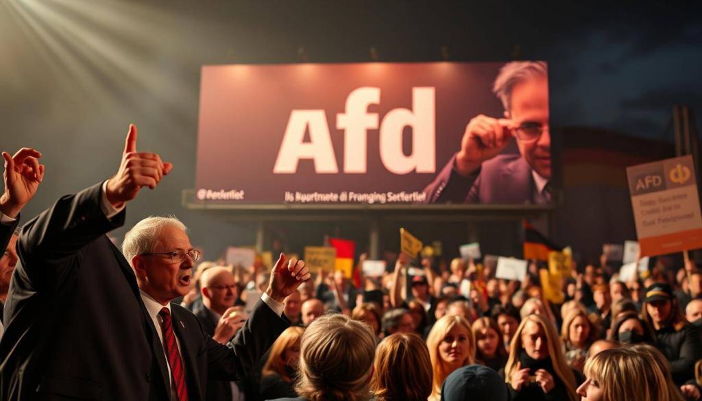 A heated political rally, the stage aglow with dramatic lighting. In the foreground, a group of politicians from rival parties gesticulate animatedly, their expressions a mix of alarm, indignation, and strategic calculation. The middle ground is a sea of protestors, waving placards and chanting slogans. In the background, a towering billboard displays the bold campaign imagery of the AfD party, its stark colors and imposing typography casting an ominous shadow over the scene. The atmosphere crackles with tension, a clash of ideologies and ambitions playing out against a backdrop of civic engagement and democratic fervor.