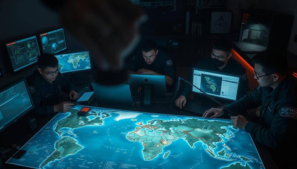 A high-angle shot of an international team of drug enforcement agents collaborating in a dimly lit command center. Illuminated by the glow of computer screens, the agents pore over intelligence reports and satellite imagery, their expressions steely with determination. In the foreground, a large map of the world pinpoints drug trafficking routes and hot spots, while specialized equipment and communication devices fill the middle ground. The background is hazy with the tension of the operation, conveying the gravity and complexity of global drug interdiction efforts.