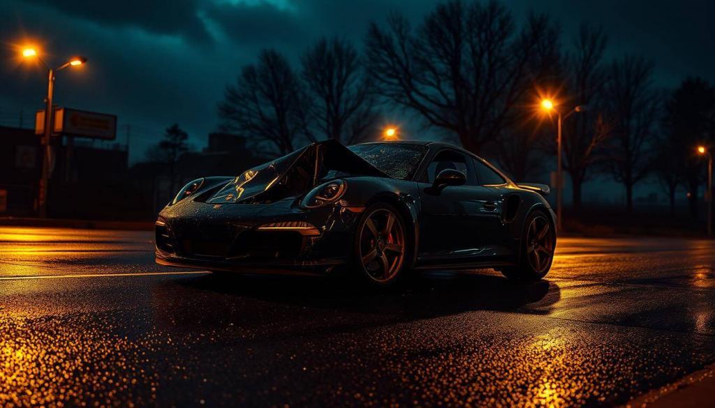 A high-angle, wide-shot view of a heavily damaged Porsche sports car on a dimly lit, rain-slicked road. The vehicle's crumpled body and shattered glass suggest a violent collision, casting an ominous atmosphere. The streetlamps cast a warm, amber glow that contrasts with the cool, bluish tones of the night sky, creating a dramatic chiaroscuro effect. In the background, the silhouettes of nearby buildings and trees loom, hinting at the urban setting. The scene conveys a sense of tragedy and the aftermath of a serious accident, fitting the subject of the article's section.