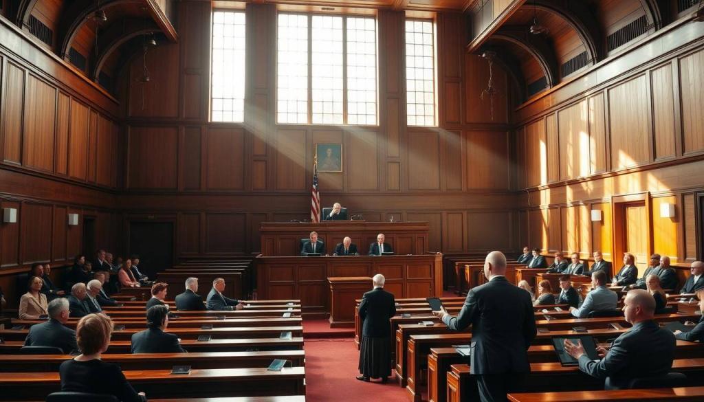 A high-ceilinged courtroom in the Landgericht Zwickau, the morning light streaming through tall windows, illuminating the solemn proceedings. Rows of polished wooden benches face a raised dais, where a stern-faced judge presides over the trial. Lawyers in crisp suits stand at the mahogany lectern, gesturing emphatically as they present their arguments. The atmosphere is tense, the air thick with anticipation, as witnesses take the stand and evidence is meticulously examined. The courtroom is a place of gravity and justice, where the weight of a life-altering decision hangs heavy in the air.