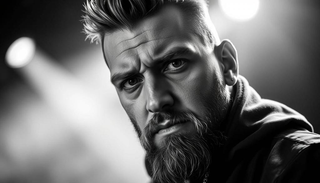 A high-contrast black and white portrait of the German rapper GZUZ, known for his successful music career. The image should have a dramatic, moody atmosphere with strong directional lighting illuminating the artist's intense gaze and rugged facial features. The background should be slightly blurred, placing the focus squarely on GZUZ's commanding presence. The composition should be tightly framed, capturing the rapper's upper body and head in a powerful, larger-than-life manner. The overall tone should convey a sense of determination, ambition, and the hard-earned success of GZUZ's musical journey.