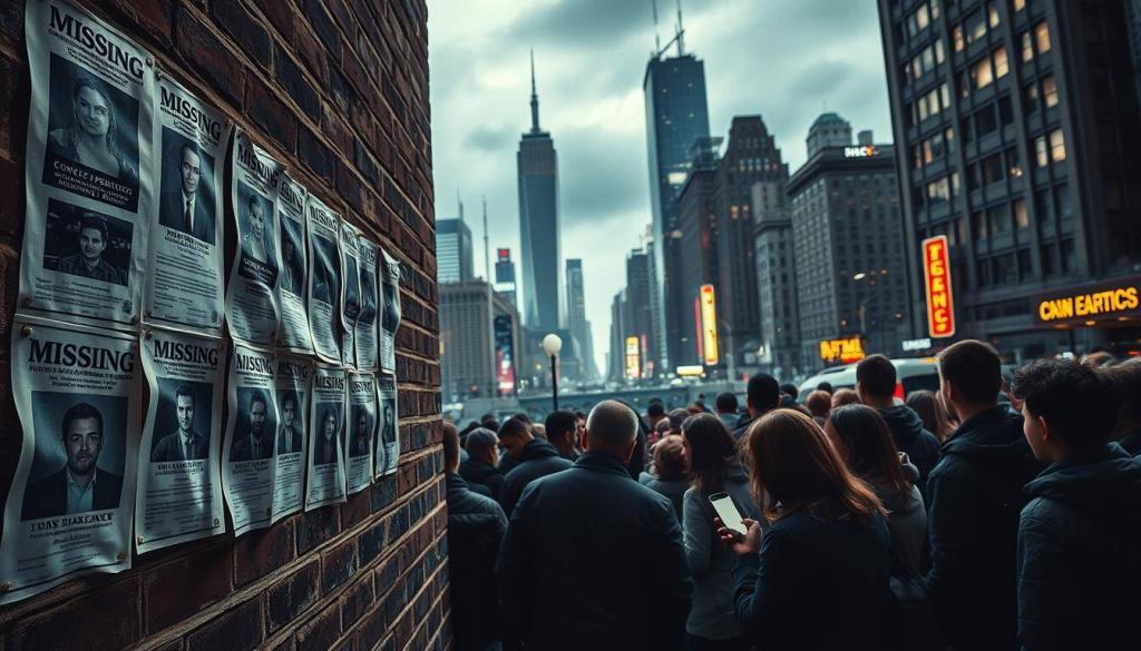 A high-contrast, dynamic image of "social media manhunt appeals" in a gritty, urban setting. The foreground features a collage of missing person posters plastered on a weathered brick wall, each with a grainy photograph and bold text. The middle ground depicts a crowd of concerned citizens gathered around a smartphone, intensely scanning social media for any leads. In the background, a cityscape looms, its towering skyscrapers and neon signs casting an eerie, investigative atmosphere. The lighting is harsh, with dramatic shadows and highlights, conveying a sense of urgency and unease. The overall composition evokes a sense of community mobilization and the digital-age search for the missing.