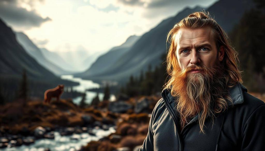 A high-contrast image of Knossi, the popular German internet personality, in a rugged outdoor setting. He stands confidently in the foreground, his trademark long hair and beard illuminated by dramatic lighting. Behind him, a vast wilderness landscape with towering mountains, dense forests, and a raging river. In the midground, the silhouettes of wild animals - perhaps wolves or bears - add an element of danger and excitement. The overall atmosphere is one of adventure, challenge, and the thrill of reality television success. The lighting is cinematic, with strong shadows and highlights that accentuate Knossi's determined expression. The image conveys the idea of "7 vs. Wild" - Knossi's triumph over the wilderness, and how this reality show helped boost his public profile and financial success.