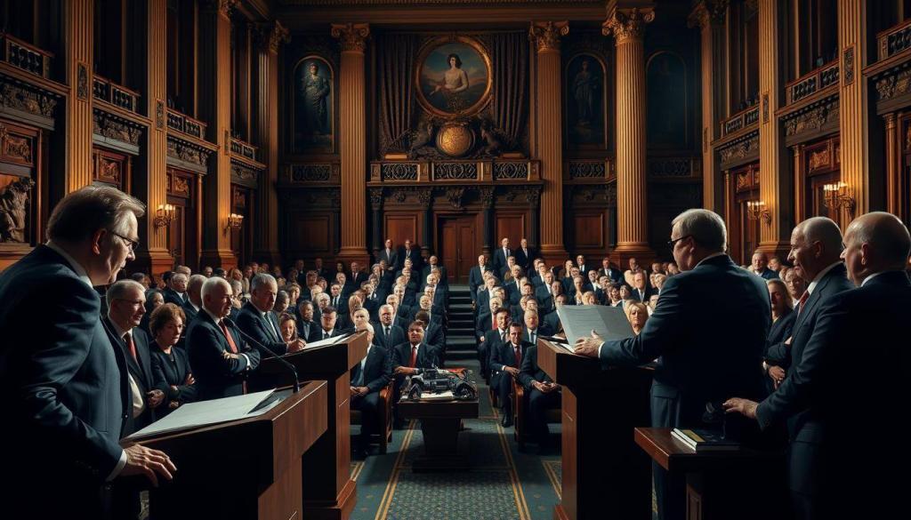 A high-level political debate taking place in a grand parliamentary chamber. In the foreground, the opposition leaders stand at podiums, passionately arguing their points. The lighting is dramatic, casting long shadows and highlighting the intensity of the discussion. In the middle ground, rows of attentive lawmakers listen intently, their expressions a mix of concern and engagement. The background is a majestic, ornate interior with towering columns, elegant draperies, and an atmosphere of solemn authority. The mood is one of weighty deliberation, as the participants grapple with the implications of a major pension scandal that has rocked the nation.